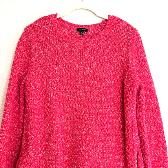 Talbots Womens Sweater Medium Heathered Red Chunky Knit Zipper Accents - Picture 2 of 6